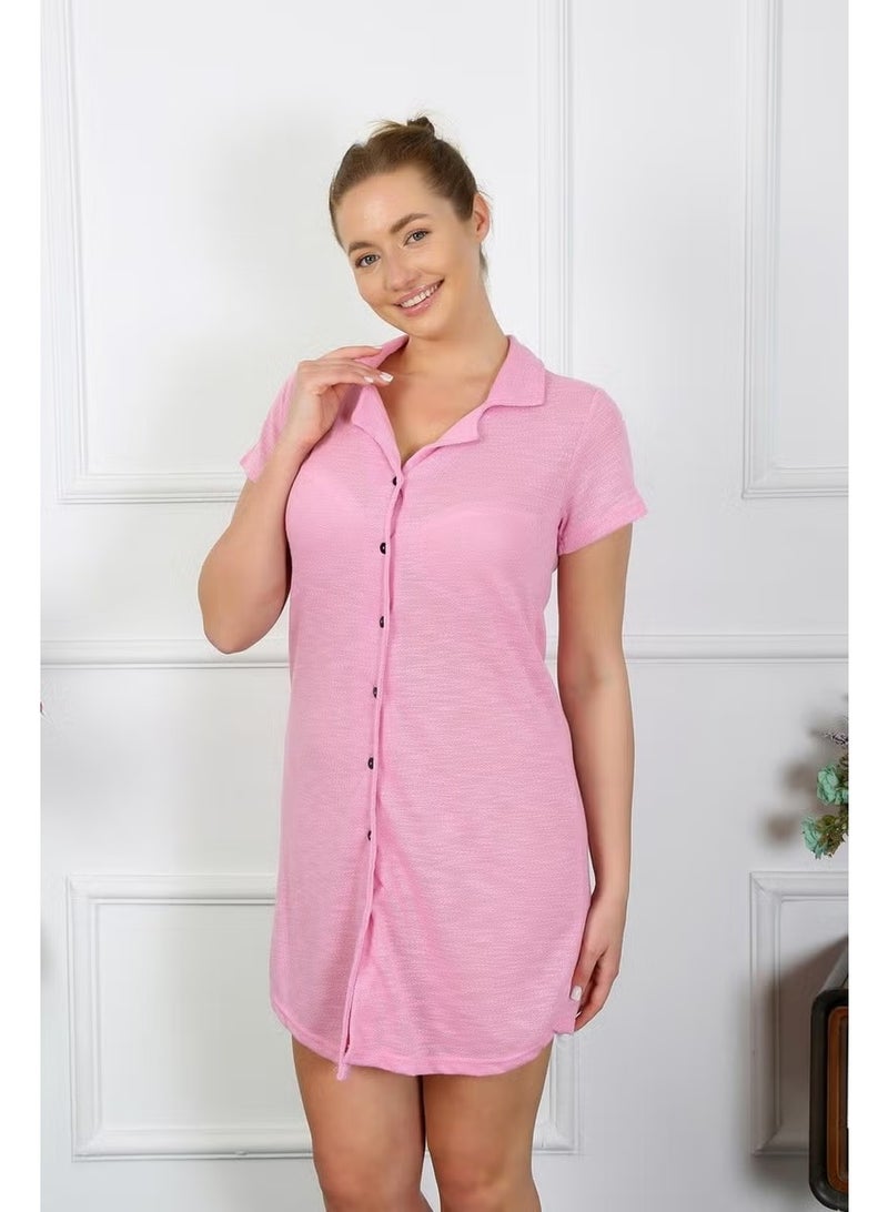 Akbeniz Women's Cotton Woven Short Sleeve Buttoned Pink Tunic Nightgown 13110 - Image 2